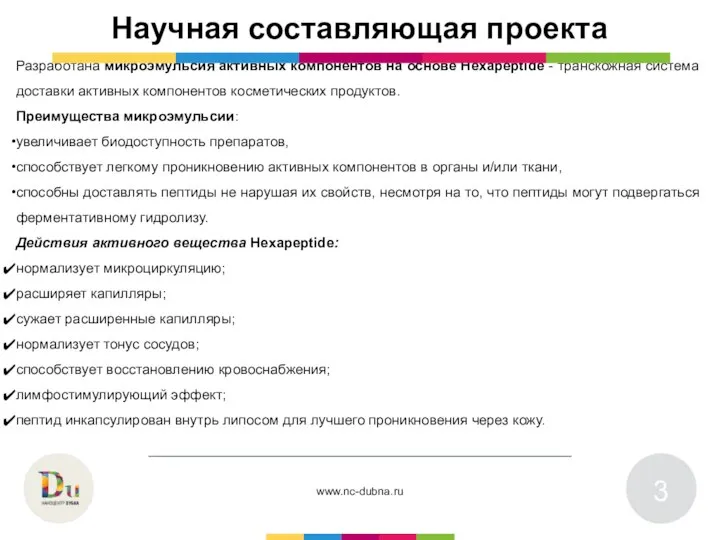 Научная составляющая проекта Разработана микроэмульсия активных компонентов на основе Hexapeptide - транскожная