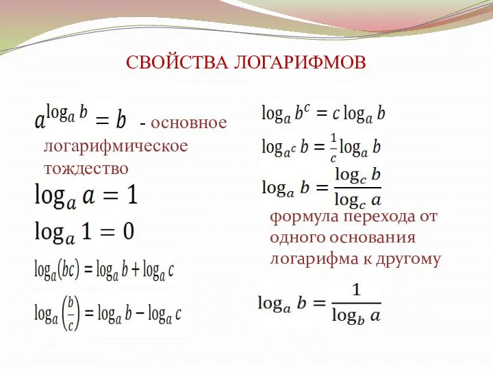 СВОЙСТВА ЛОГАРИФМОВ - основное логарифмическое тождество формула перехода от одного основания логарифма к другому