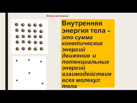 Внутренняя энергия тела – это сумма кинетических энергий движения и потенциальных энергий