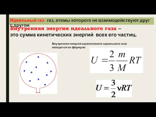 Идеальный газ- газ, атомы которого не взаимодействуют друг с другом Внутренняя энергия