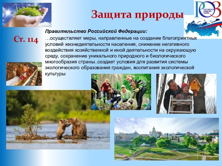 Защита природы Ст. 114 Правительство Российской Федерации: …осуществляет меры, направленные на создание