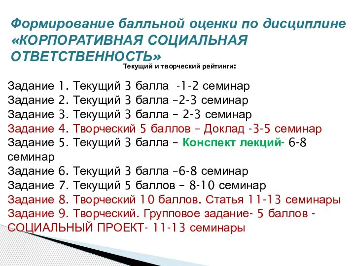 Формирование балльной оценки по дисциплине«КОРПОРАТИВНАЯ СОЦИАЛЬНАЯ ОТВЕТСТВЕННОСТЬ» Текущий и творческий рейтинги: Задание