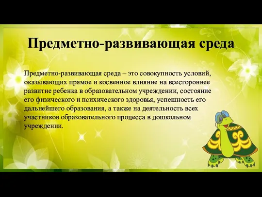 Предметно-развивающая среда Предметно-развивающая среда – это совокупность условий, оказывающих прямое и косвенное