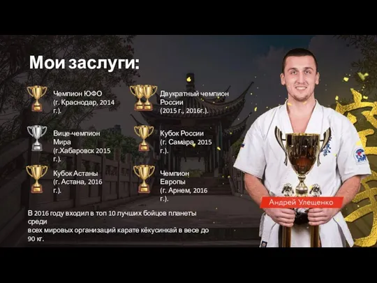 Мои заслуги: Чемпион ЮФО (г. Краснодар, 2014 г.). Вице-чемпион Мира (г.Хабаровск 2015