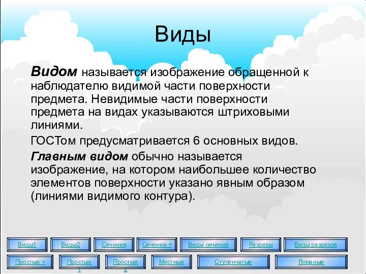 Виды Видом называется изображение обращенной к наблюдателю видимой части поверхности предмета. Невидимые