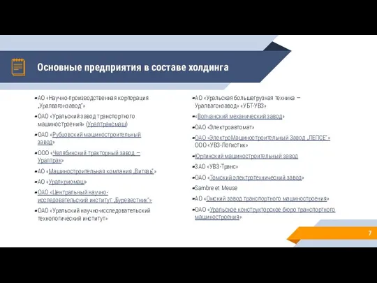 Основные предприятия в составе холдинга АО «Уральская большегрузная техника — Уралвагонзавод» «УБТ-УВЗ»