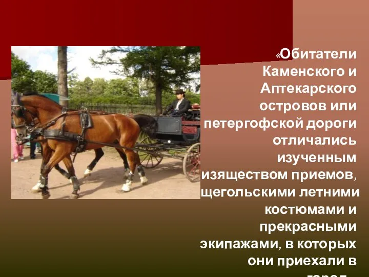 «Обитатели Каменского и Аптекарского островов или петергофской дороги отличались изученным изяществом приемов,