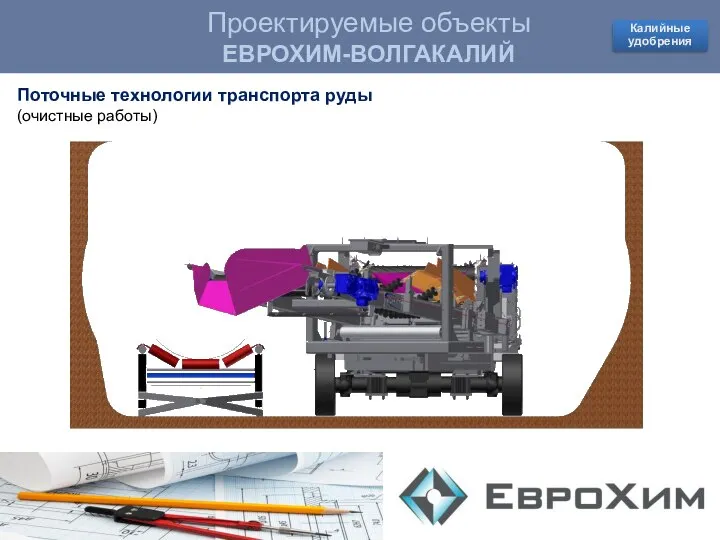 Проектируемые объекты КОВДОРСКИЙ ГОК Проектируемые объекты ЕВРОХИМ-ВОЛГАКАЛИЙ Поточные технологии транспорта руды (очистные работы)