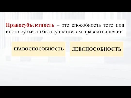 Правосубъектность – это способность того или иного субъекта быть участником правоотношений. ПРАВОСПОСОБНОСТЬ ДЕЕСПОСОБНОСТЬ