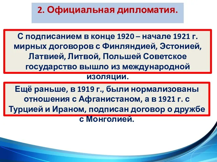 2. Официальная дипломатия. С подписанием в конце 1920 – начале 1921 г.