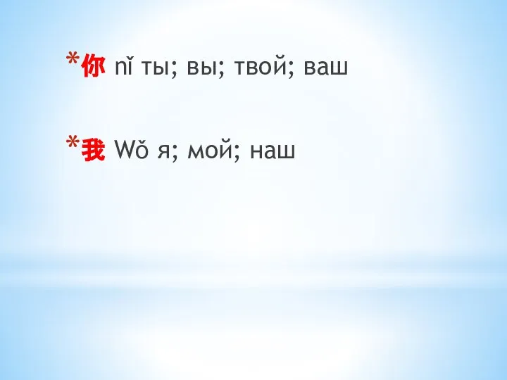 你 nǐ ты; вы; твой; ваш 我 Wǒ я; мой; наш