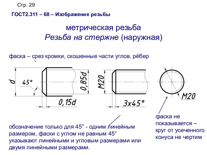 ГОСТ2.311 – 68 – Изображение резьбы метрическая резьба Резьба на стержне (наружная)