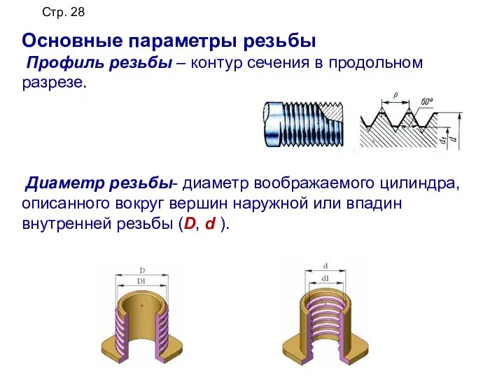 Основные параметры резьбы Профиль резьбы – контур сечения в продольном разрезе. Диаметр