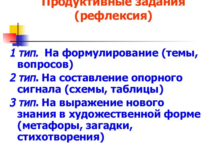 Продуктивные задания (рефлексия) 1 тип. На формулирование (темы, вопросов) 2 тип. На