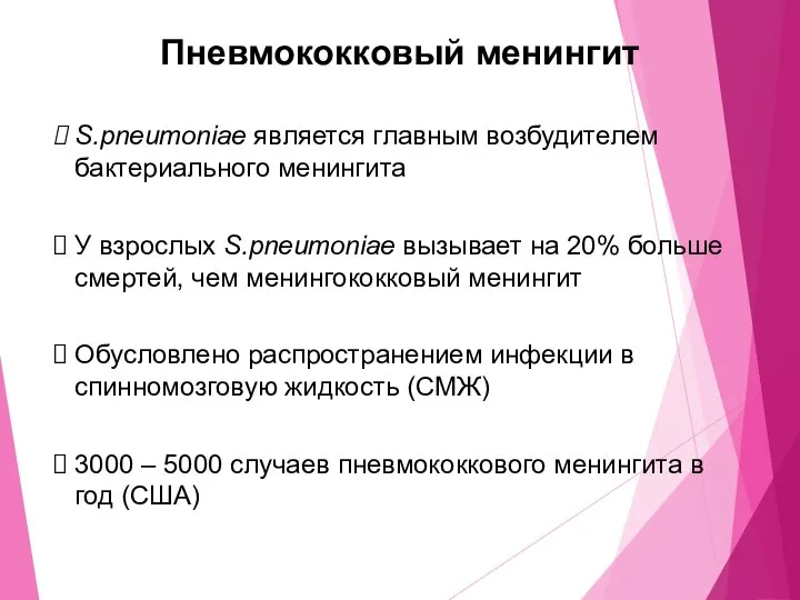 Пневмококковый менингит S.pneumoniae является главным возбудителем бактериального менингита У взрослых S.pneumoniae вызывает