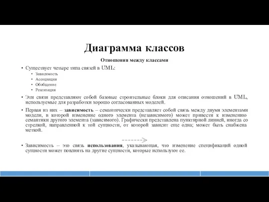 Диаграмма классов Отношения между классами Существует четыре типа связей в UML: Зависимость