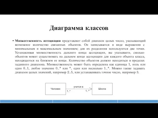 Диаграмма классов Множественность ассоциации представляет собой диапазон целых чисел, указывающий возможное количество