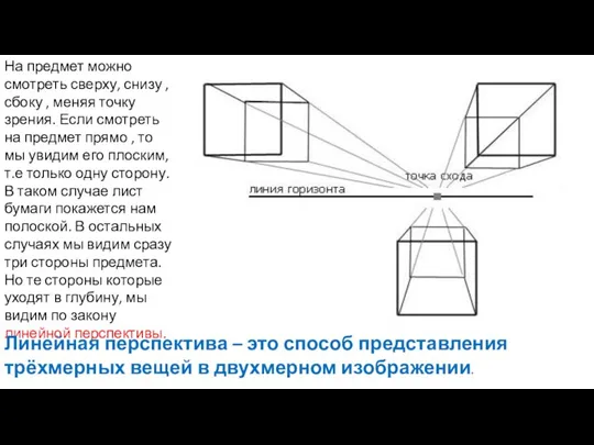 На предмет можно смотреть сверху, снизу , сбоку , меняя точку зрения.