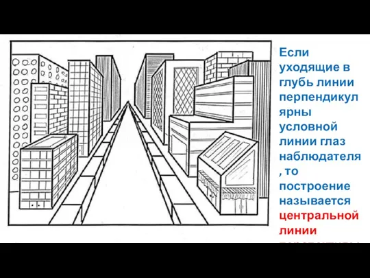 Если уходящие в глубь линии перпендикулярны условной линии глаз наблюдателя, то построение называется центральной линии перспективы