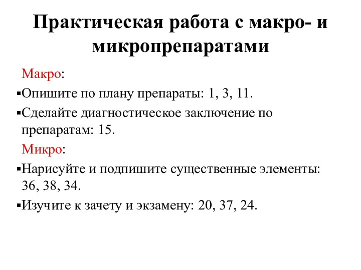 Практическая работа с макро- и микропрепаратами Макро: Опишите по плану препараты: 1,