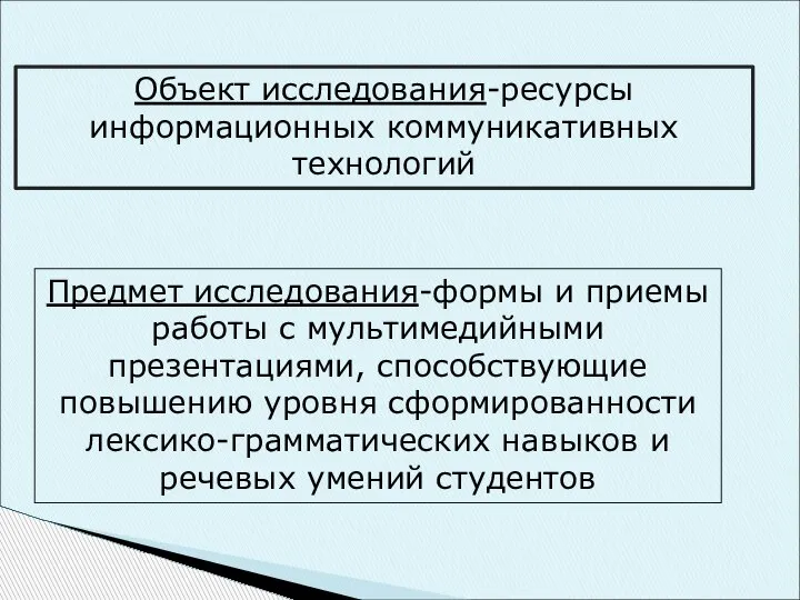 Объект исследования-ресурсы информационных коммуникативных технологий Предмет исследования-формы и приемы работы с мультимедийными