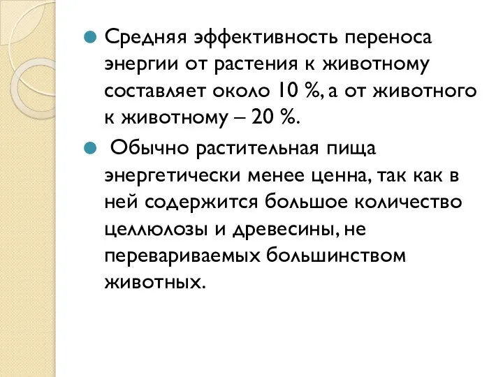 Средняя эффективность переноса энергии от растения к животному составляет около 10 %,