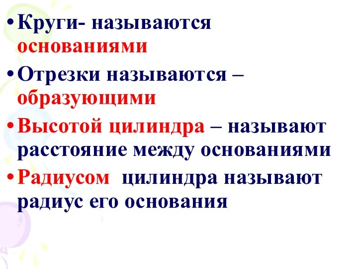 Круги- называются основаниями Отрезки называются – образующими Высотой цилиндра – называют расстояние