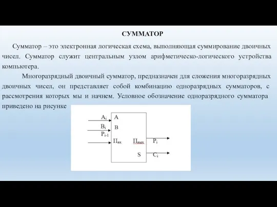 СУММАТОР Сумматор – это электронная логическая схема, выполняющая суммирование двоичных чисел. Сумматор