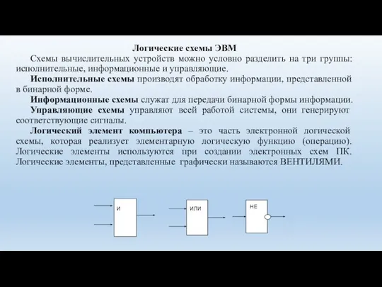 Логические схемы ЭВМ Схемы вычислительных устройств можно условно разделить на три группы: