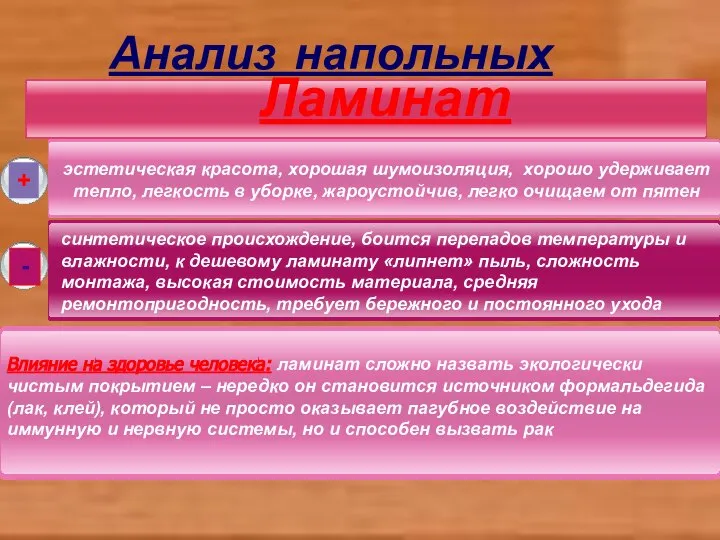 Анализ напольных покрытий: + - Ламинат эстетическая красота, хорошая шумоизоляция, хорошо удерживает