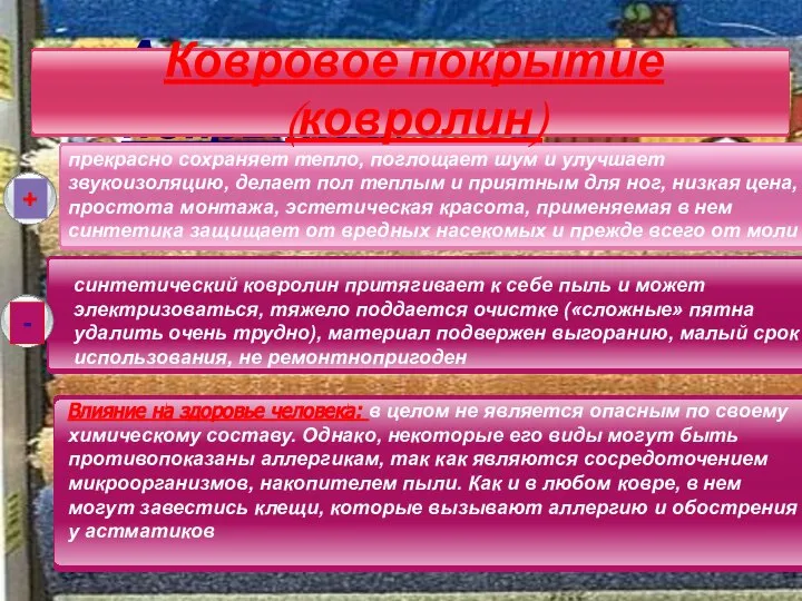 Анализ напольных покрытий: + - Ковровое покрытие(ковролин) прекрасно сохраняет тепло, поглощает шум