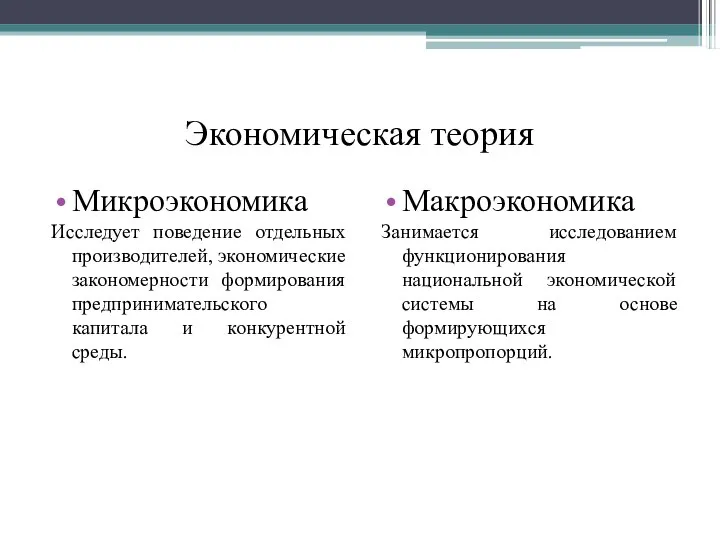 Экономическая теория Микроэкономика Исследует поведение отдельных производителей, экономические закономерности формирования предпринимательского капитала