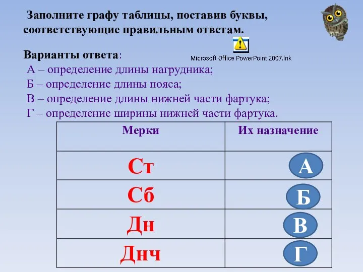 Заполните графу таблицы, поставив буквы, соответствующие правильным ответам. Варианты ответа: А –