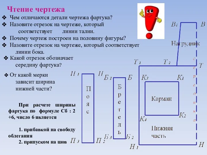 Чтение чертежа Чем отличаются детали чертежа фартука? Назовите отрезок на чертеже, который