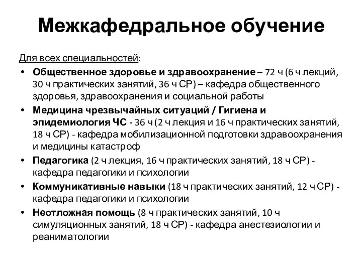 Межкафедральное обучение Для всех специальностей: Общественное здоровье и здравоохранение – 72 ч