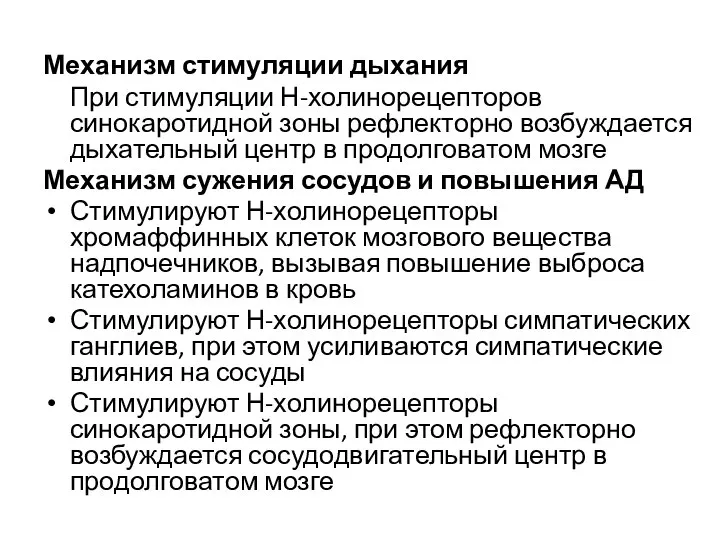 Механизм стимуляции дыхания При стимуляции Н-холинорецепторов синокаротидной зоны рефлекторно возбуждается дыхательный центр