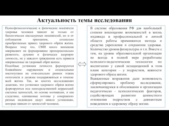 Актуальность темы исследования Психофизиологические и физические показатели здоровья человека зависят не только