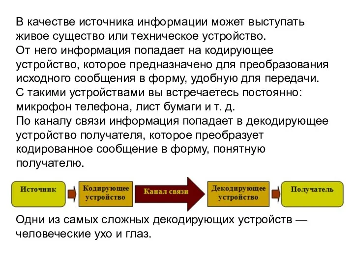 В качестве источника информации может выступать живое существо или техническое устройство. От