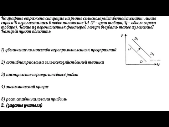 На графике отражена ситуация на рынке сельскохозяйственной техники: линия спроса D переместилась
