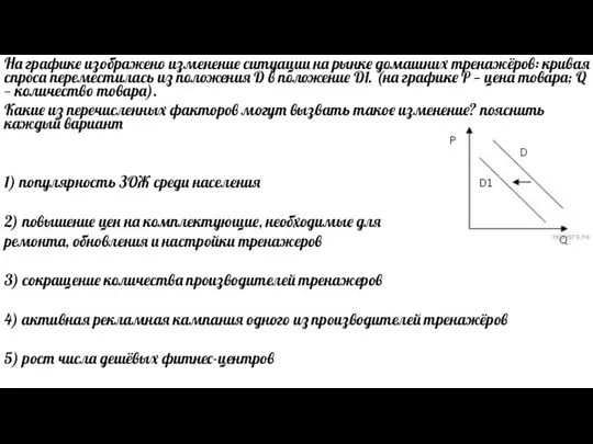 На графике изображено изменение ситуации на рынке домашних тренажёров: кривая спроса переместилась