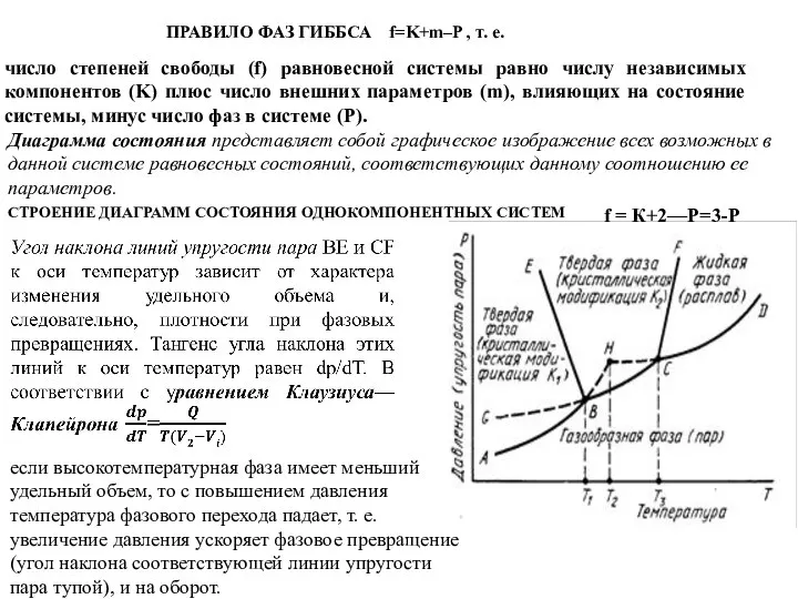 ПРАВИЛО ФАЗ ГИББСА f=K+m–P , т. е. число степеней свободы (f) равновесной