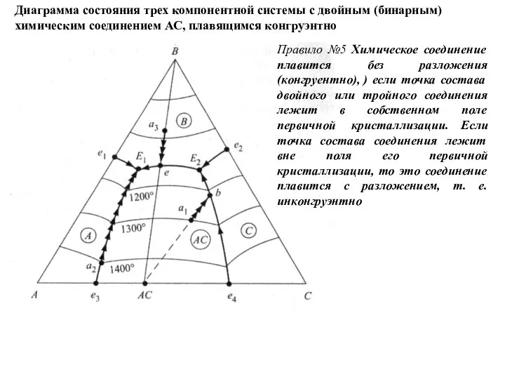 Диаграмма состояния трех компонентной системы с двойным (бинарным) химическим соединением АС, плавящимся