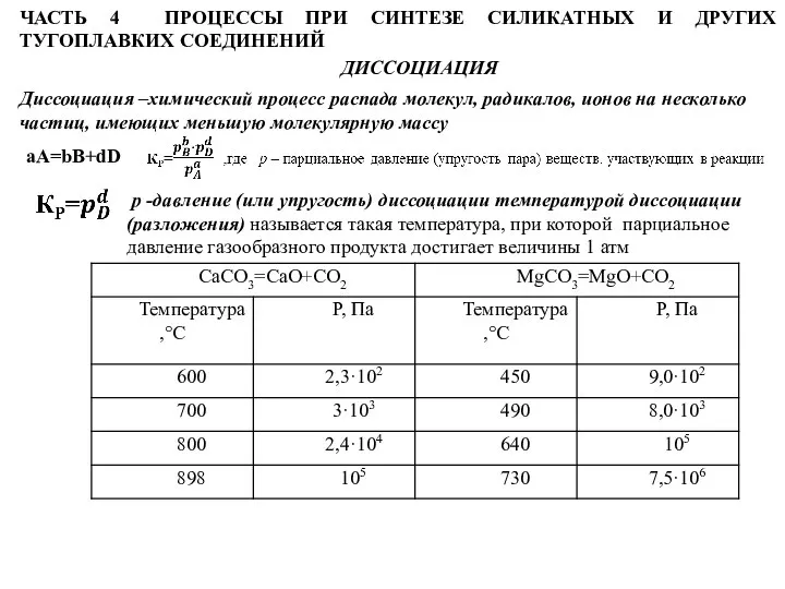 ЧАСТЬ 4 ПРОЦЕССЫ ПРИ СИНТЕЗЕ СИЛИКАТНЫХ И ДРУГИХ ТУГОПЛАВКИХ СОЕДИНЕНИЙ ДИССОЦИАЦИЯ Диссоциация