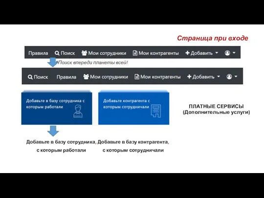 Страница при входе Добавьте в базу сотрудника, с которым работали ПЛАТНЫЕ СЕРВИСЫ