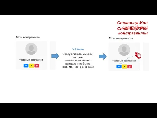 Страница Мои сотрудники Страница Мои контрагенты Удобнее Сразу кликать мышкой на поле