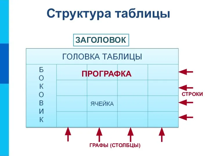 Структура таблицы ПРОГРАФКА СТРОКИ ГРАФЫ (СТОЛБЦЫ) ЗАГОЛОВОК