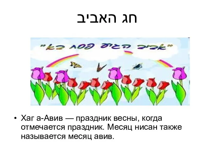 חג האביב Хаг а-Авив — праздник весны, когда отмечается праздник. Месяц нисан также называется месяц авив.
