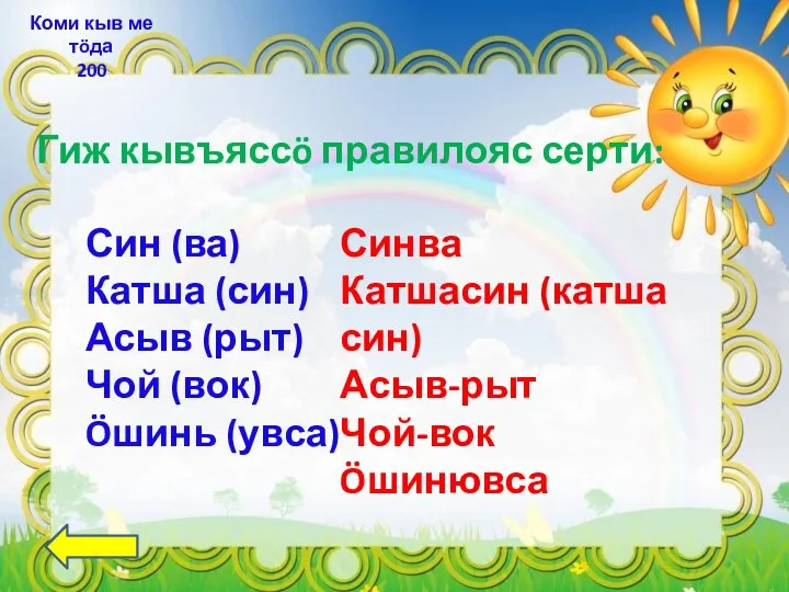 Коми кыв ме тöда 200 Гиж кывъяссö правилояс серти: Син (ва) Катша