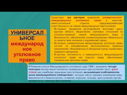 УНИВЕРСАЛЬНОЕ международное уголовное право Существует три критерия выделения универсального международного уголовного права