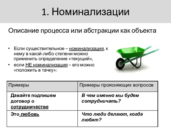 1. Номинализации Если существительное – номинализация, к нему в какой-либо степени можно